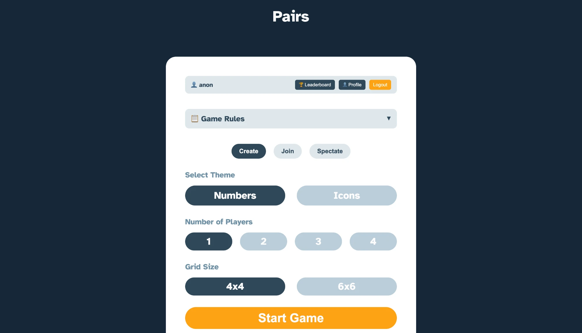 Pairs screenshot